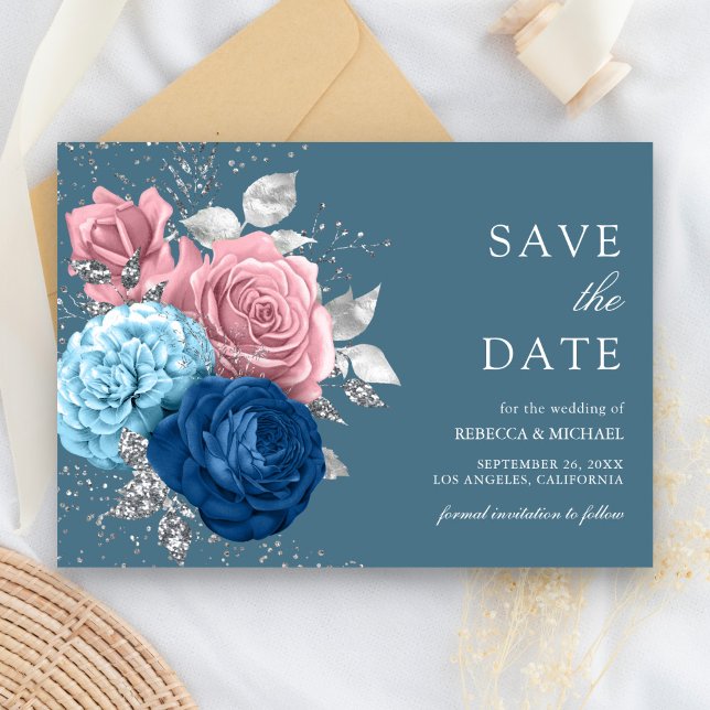 Dusty Blue Silver Pink Floral Wedding Save The Date (Creator Uploaded)