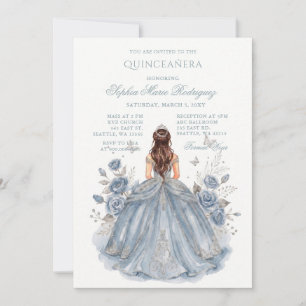 Dusty Blue Silver Princess Floral Quinceañera Invitation