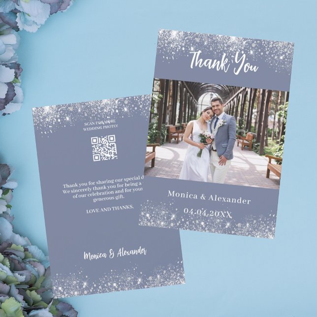 Dusty blue silver QR wedding photo thank you card (Creator Uploaded)
