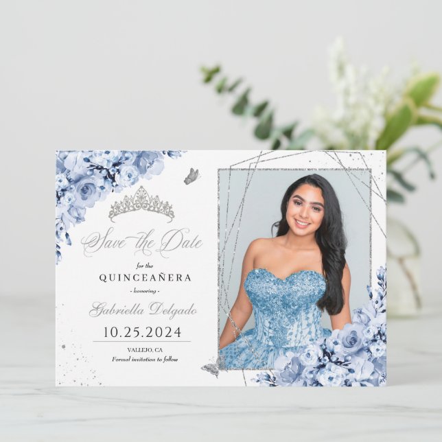 Dusty Blue Silver Quinceañera Save The Date Photo Invitation (Standing Front)