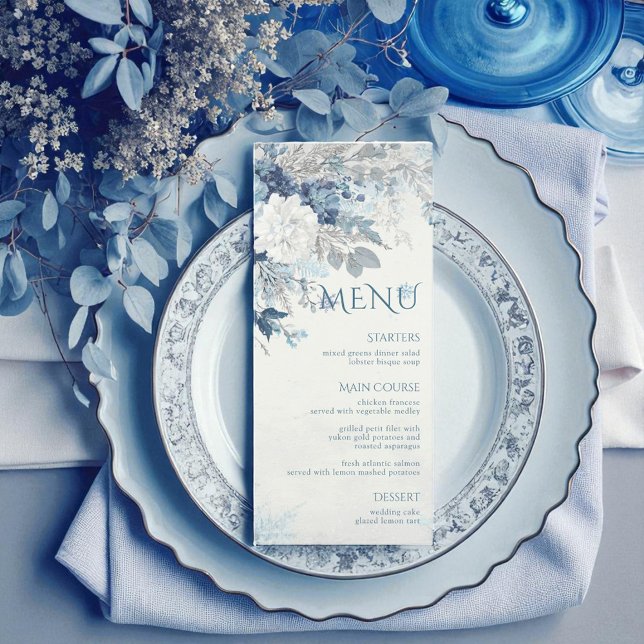 Dusty Blue Silver Rose Winter Floral Wedding Menu (Creator Uploaded)