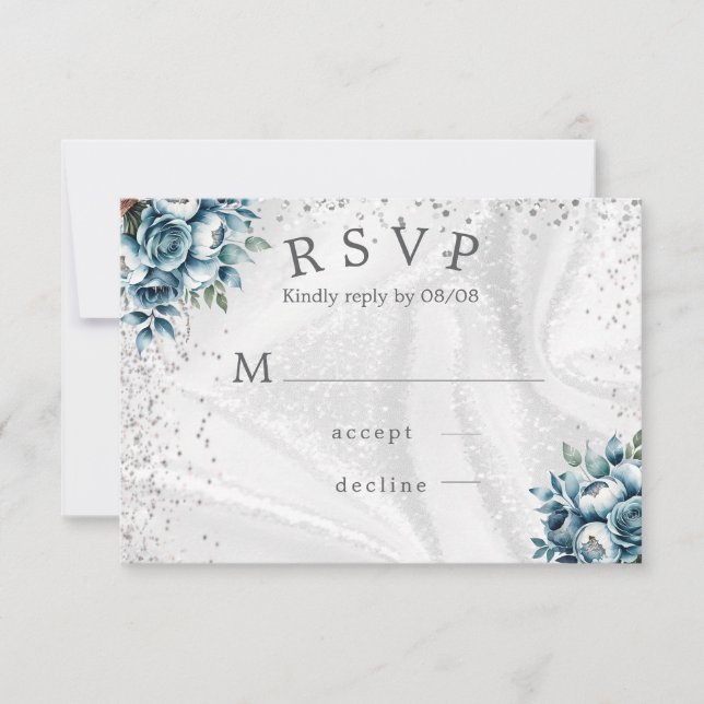 Dusty Blue Silver Roses Wedding RSVP Cards (Front)