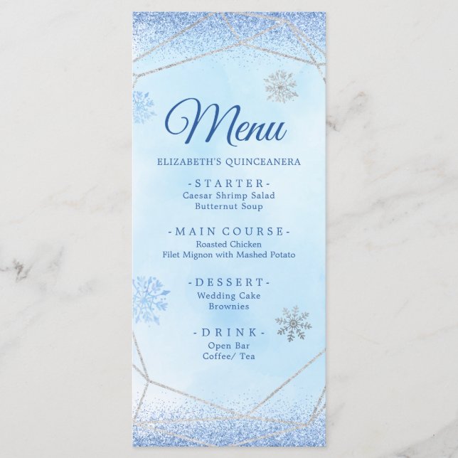 Dusty Blue Silver Snowflake Christmas Mis Xv Años Menu (Front)