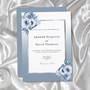 Dusty blue silver watercolored florals wedding invitation