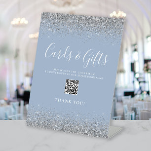 Dusty Blue Silver Wedding Cards Gifts QR Code Pedestal Sign