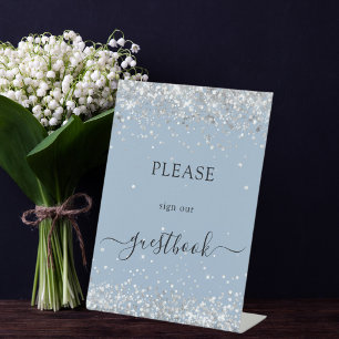 Dusty blue silver wedding guest book pedestal sign