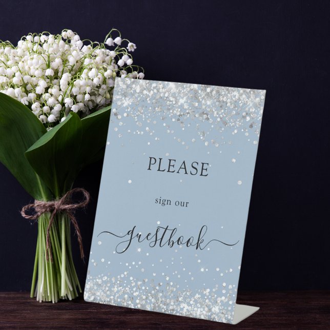 Dusty blue silver wedding guest book pedestal sign (Creator Uploaded)