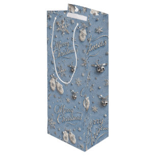 Dusty Blue Silver Winter Merry Christmas wrapping Wine Gift Bag