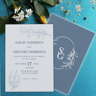 Dusty Blue Simple Boho Floral Bicolor  Wedding  Invitation