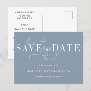 Dusty Blue Simple Calligraphy Save the Date Announcement Postcard