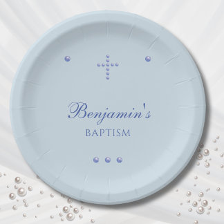 Dusty Blue Simple Cross Christian Baptism Paper Plate