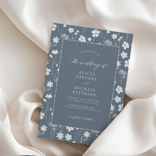 Dusty blue simple elegant floral garden wedding invitation