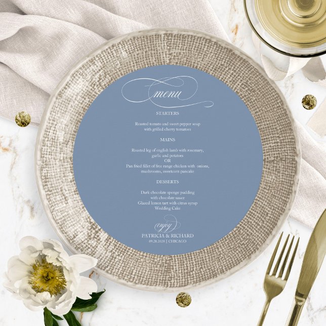 Dusty Blue Simple Elegant Round Wedding Menu (Creator Uploaded)