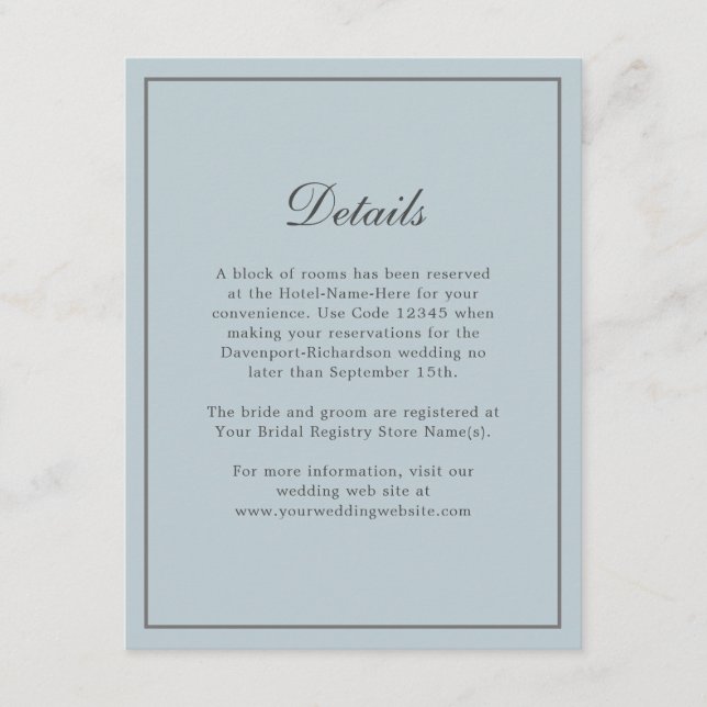 Dusty Blue Simple Elegant Wedding Details Enclosure Card (Front)