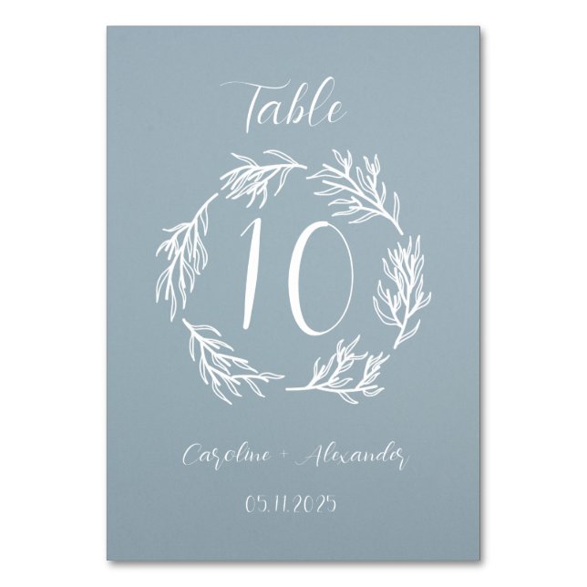 Dusty Blue Simple Floral Script Minimalistic Chic Table Number (Front)