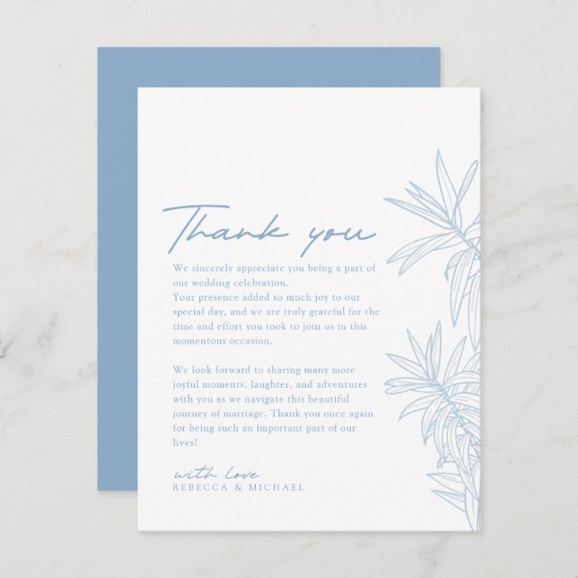 Dusty Blue Simple Hand Drawn Botanical  Thank You Card (Front/Back)
