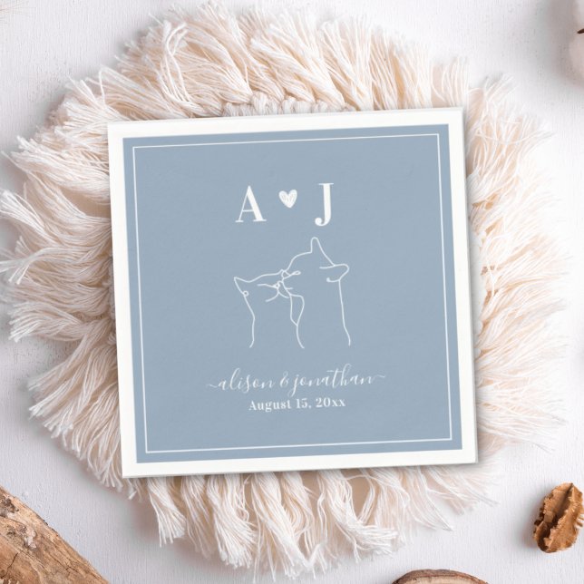 Dusty Blue Simple Minimalist Cat Monogram Wedding Napkin (Creator Uploaded)