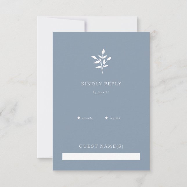 Dusty Blue Simple Modern Botanical Wedding RSVP Card (Front)