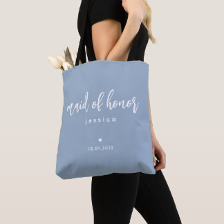 Dusty Blue Simple Modern Maid of Honour Script Tote Bag