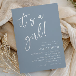 Dusty Blue Simple Modern Script Girl Baby Shower Invitation