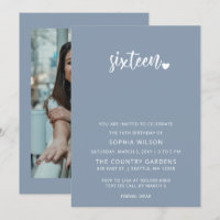 Dusty Blue Simple Script Sweet 16 Birthday Photo