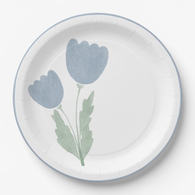 Dusty Blue Simple Watercolor Floral Paper Plate (Front)