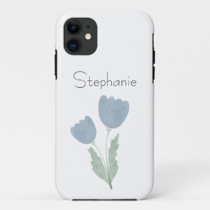 Dusty Blue Simple Watercolor Floral Your Name Case-Mate iPhone Case