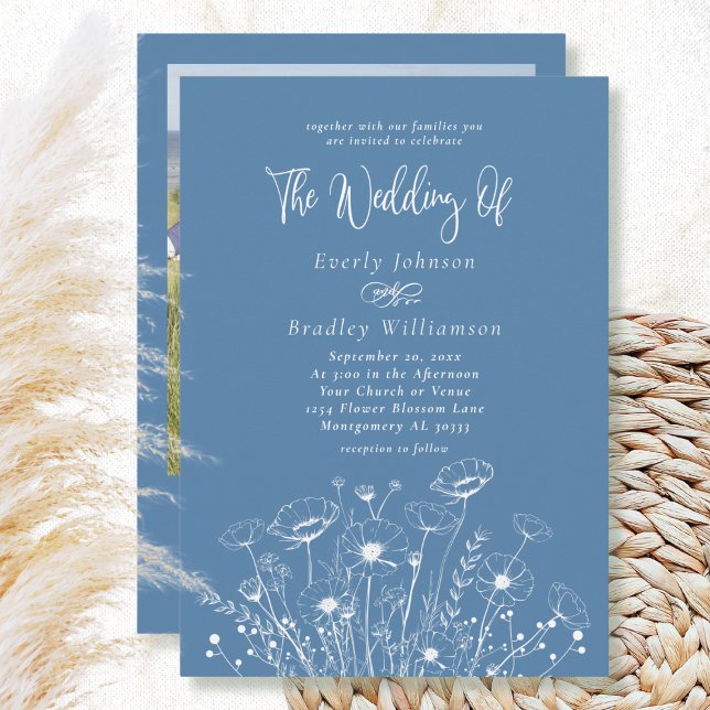 Dusty Blue Simple Wildflower Floral Photo Wedding  Invitation (Creator Uploaded)