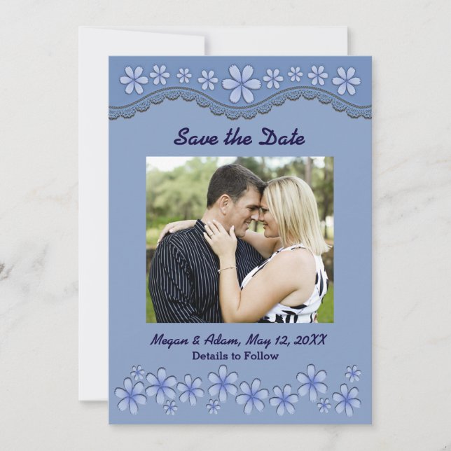Dusty Blue Six Petal Flower Save the Date Card (Front)
