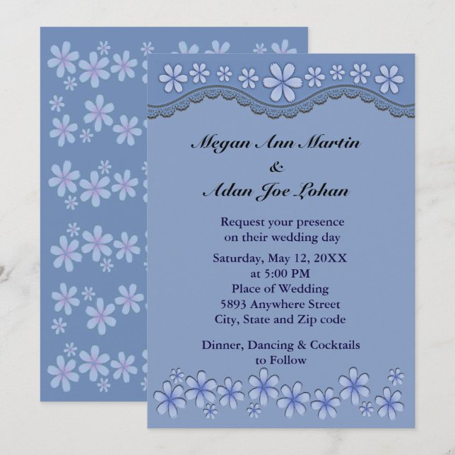 Dusty Blue Six Petal Flower Wedding Invitation (Front/Back)