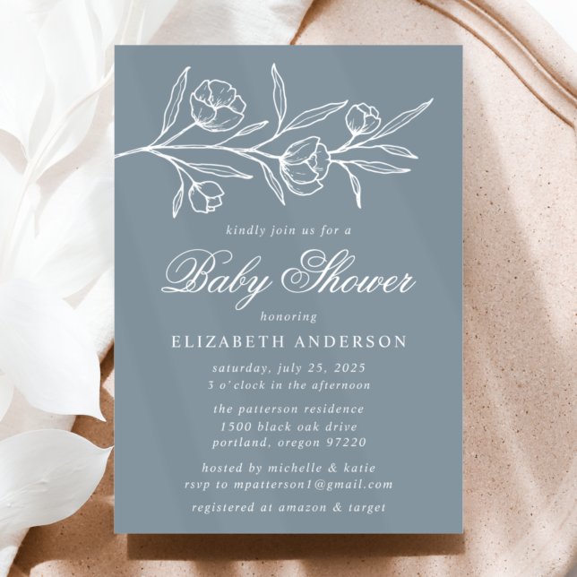 Dusty Blue Sketched Floral Baby Shower Invitation (Creator Uploaded)