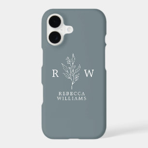 Dusty Blue Sketched Floral Wildflower Monogram