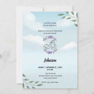 Dusty blue sky white clouds modern baby shower  invitation