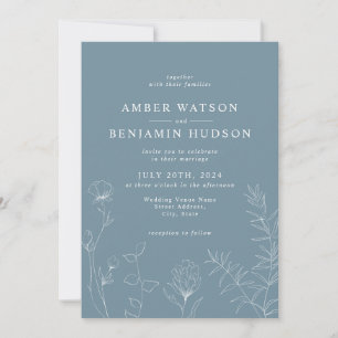 Dusty Blue Slate Blue Wildflowers Floral Wedding Invitation