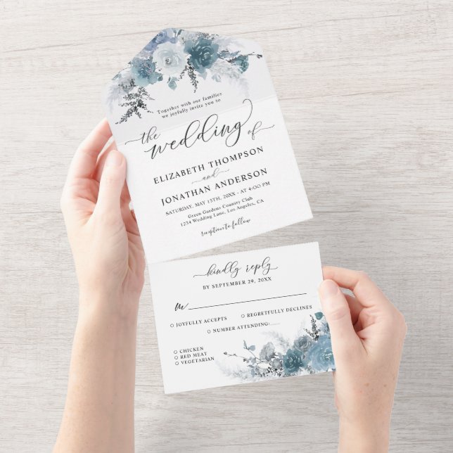 Dusty Blue Slate Boho Floral Wedding Details RSVP  All In One Invitation (Tearaway)