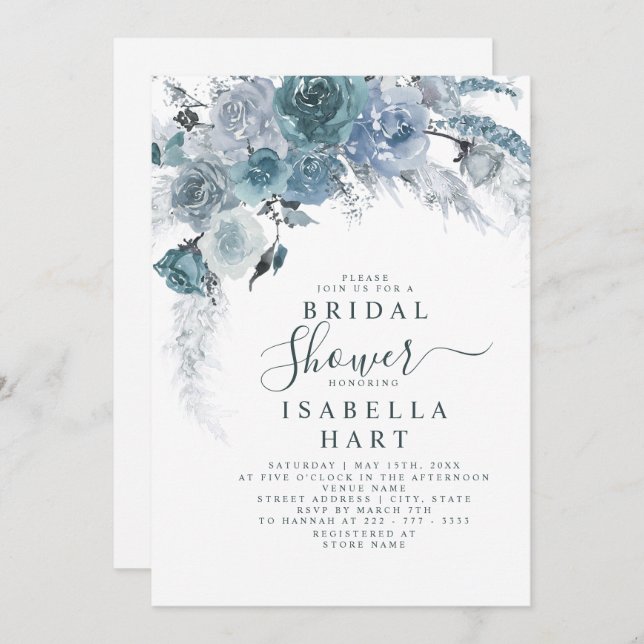 Dusty Blue Slate Boho Pampas Floral Bridal Shower Invitation (Front/Back)