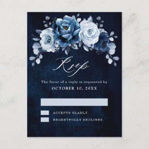 Dusty Blue Slate Dark Navy Floral Botanical RSVP P Postcard