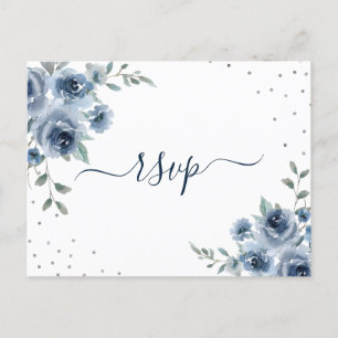Dusty Blue Slate Floral Botanical Chic Wedding RSV Postcard