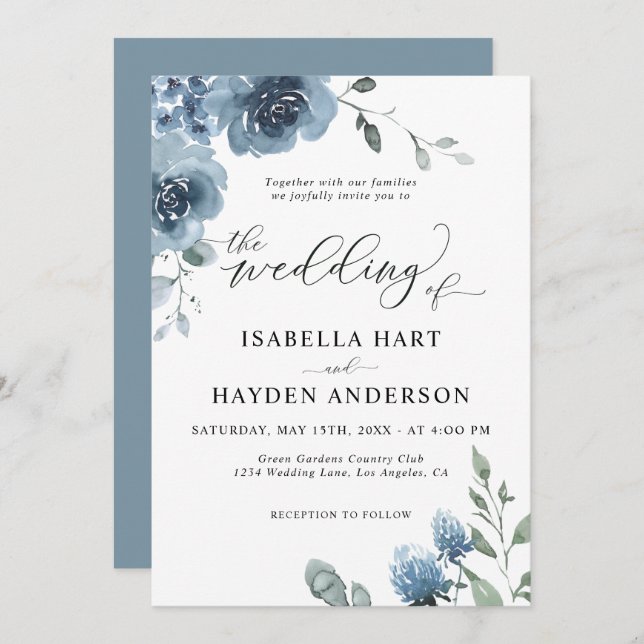 Dusty Blue Slate Floral Watercolor Wedding Invitation (Front/Back)