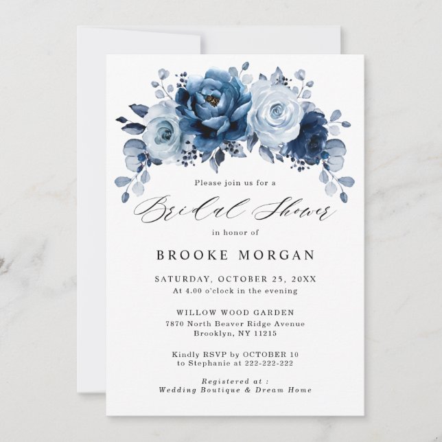 Dusty Blue Slate Navy Botanical Bridal Shower Invitation (Front)