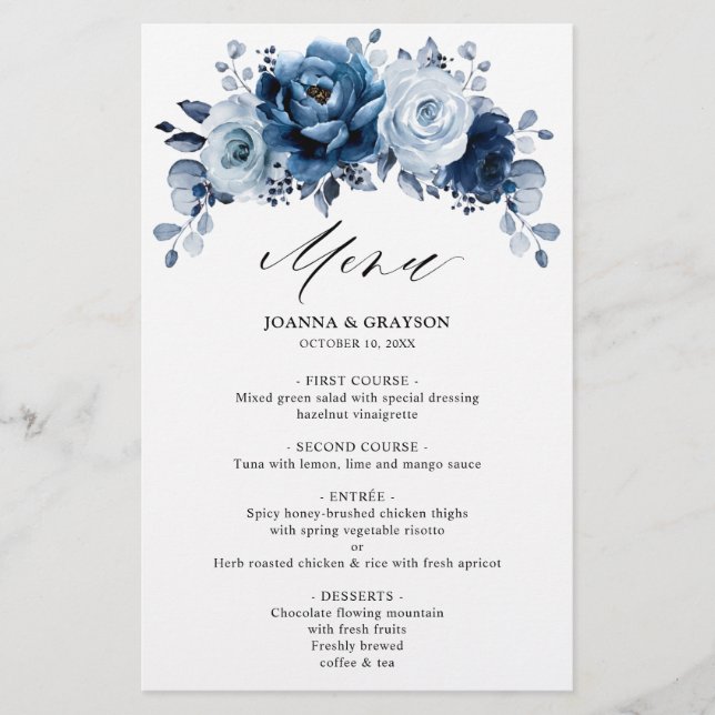 Dusty Blue Slate Navy Botanical Wedding Menu (Front)