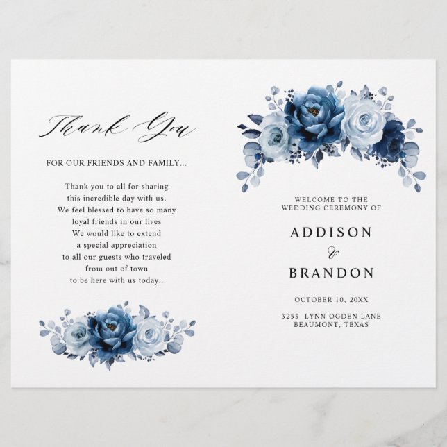 Dusty Blue Slate Navy Botanical Wedding  Program (Front)