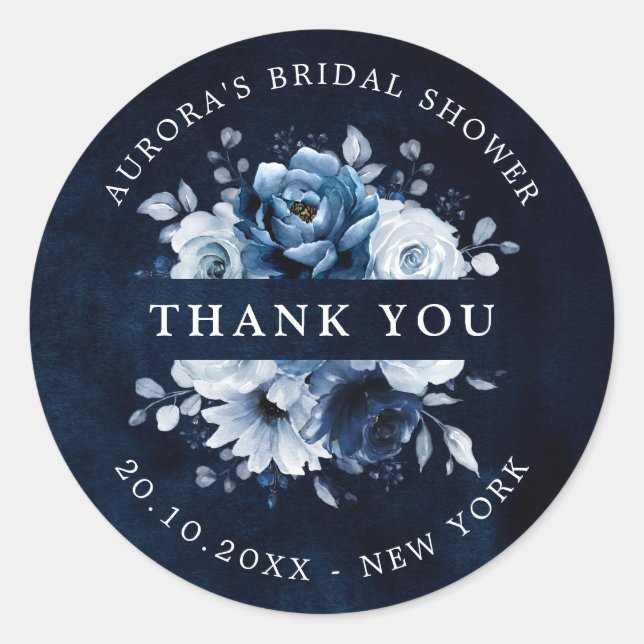 Dusty Blue Slate Navy Bridal Shower Thank you Clas Classic Round Sticker (Front)