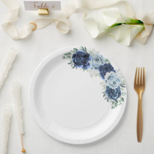 Dusty Blue Slate Navy Floral Botanical  Paper Plate