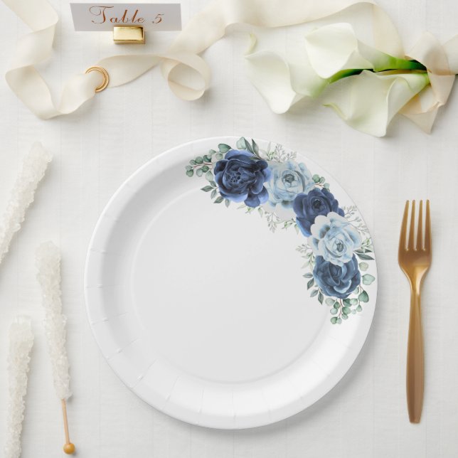Dusty Blue Slate Navy Floral Botanical  Paper Plate (Wedding)