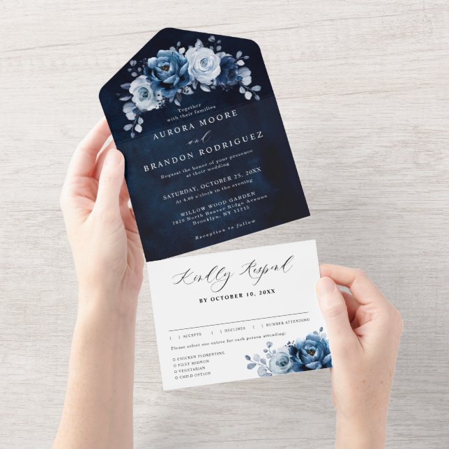 Dusty Blue Slate Navy Floral Botanical Wedding All All In One Invitation (Tearaway)