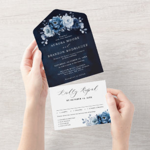 Dusty Blue Slate Navy Floral Botanical Wedding All In One Invitation