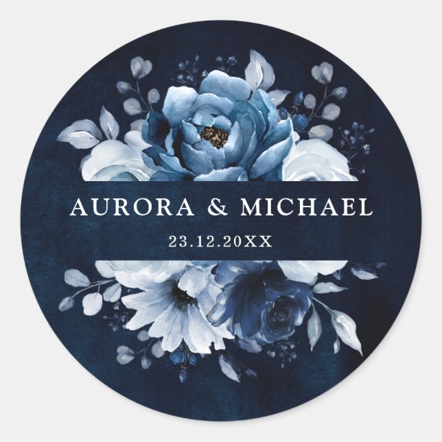 Dusty Blue Slate Navy Floral Botanical Wedding Cla Classic Round Sticker (Front)