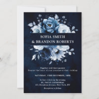 Dusty Blue Slate Navy Floral Botanical Wedding Inv