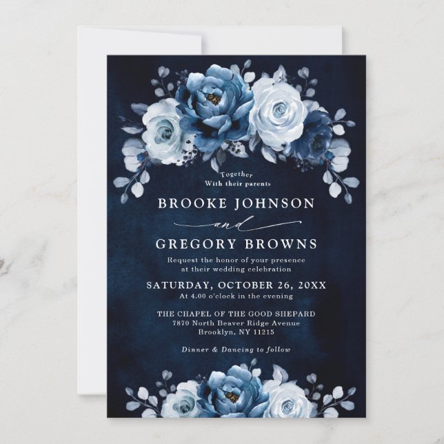 Dusty Blue Slate Navy Floral Botanical Wedding Inv Invitation (Front)